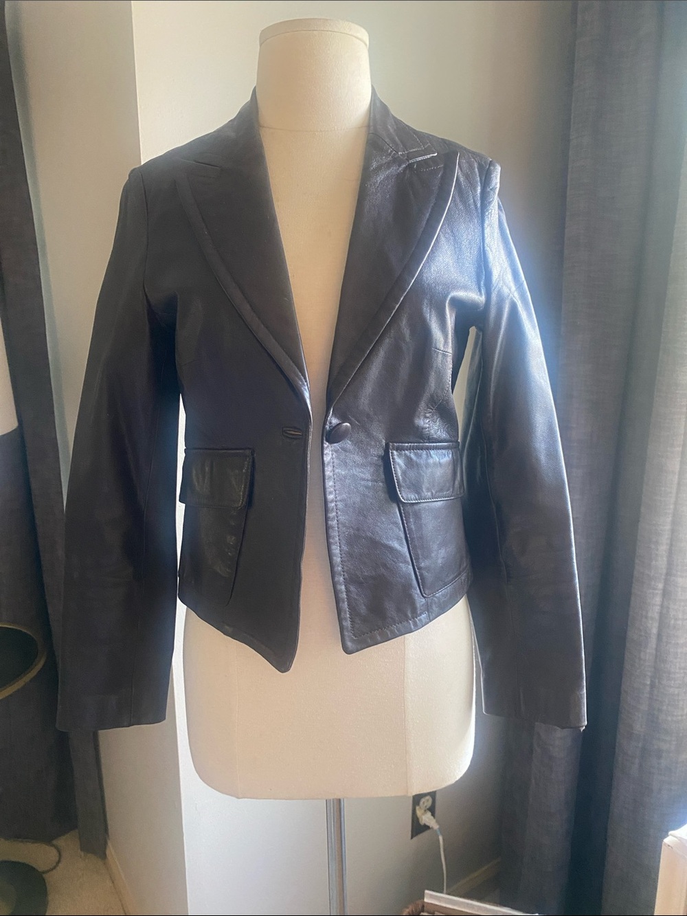 bebe Brown Leather Tailored Blazer Jacket